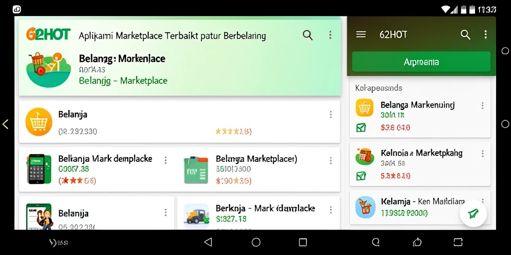 Antarmuka aplikasi 62HOT menunjukkan berbagai pilihan produk Marketplace.
